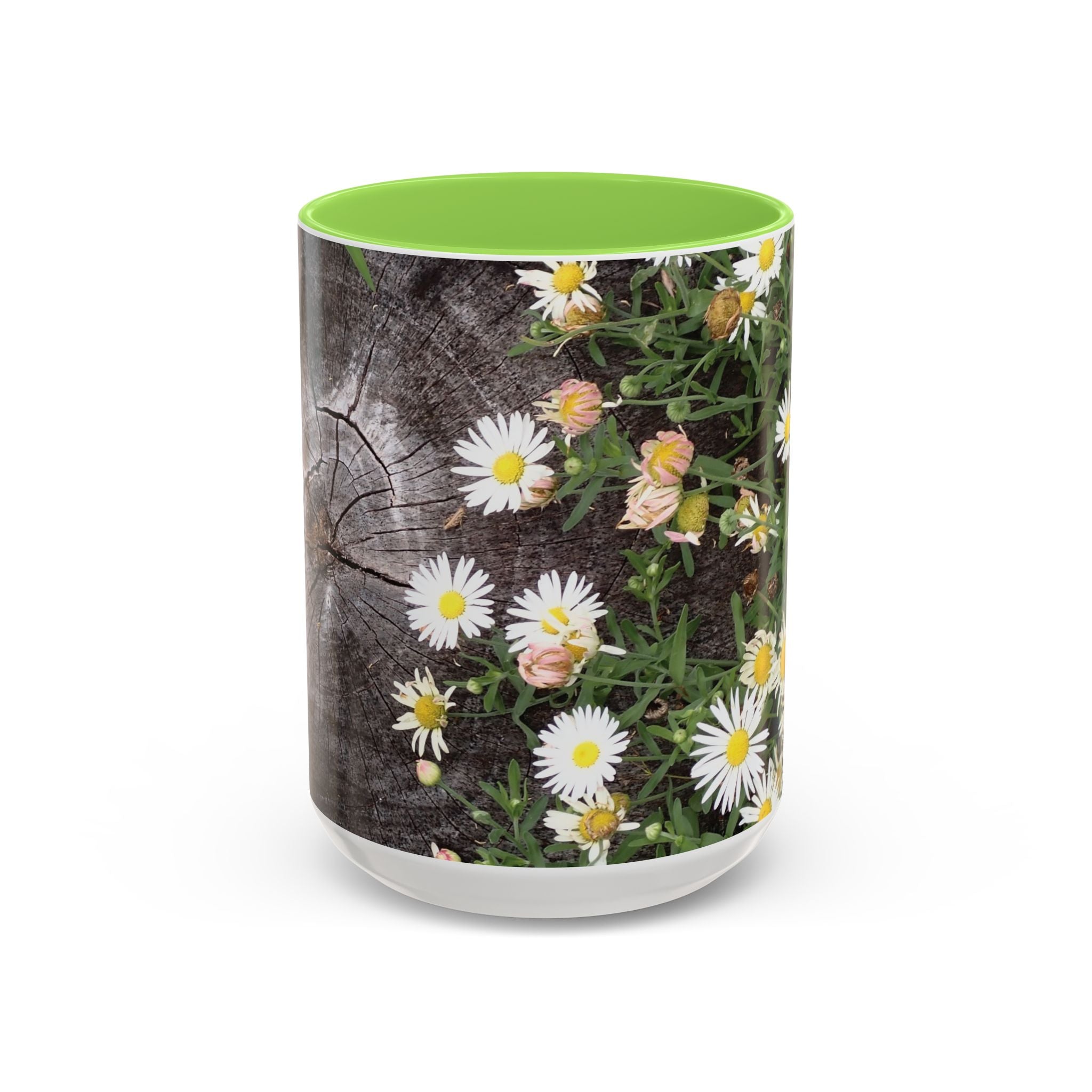 Daisy Floral Coffee Mug (11oz & 15oz) — White Daisies on Rustic Wood Background