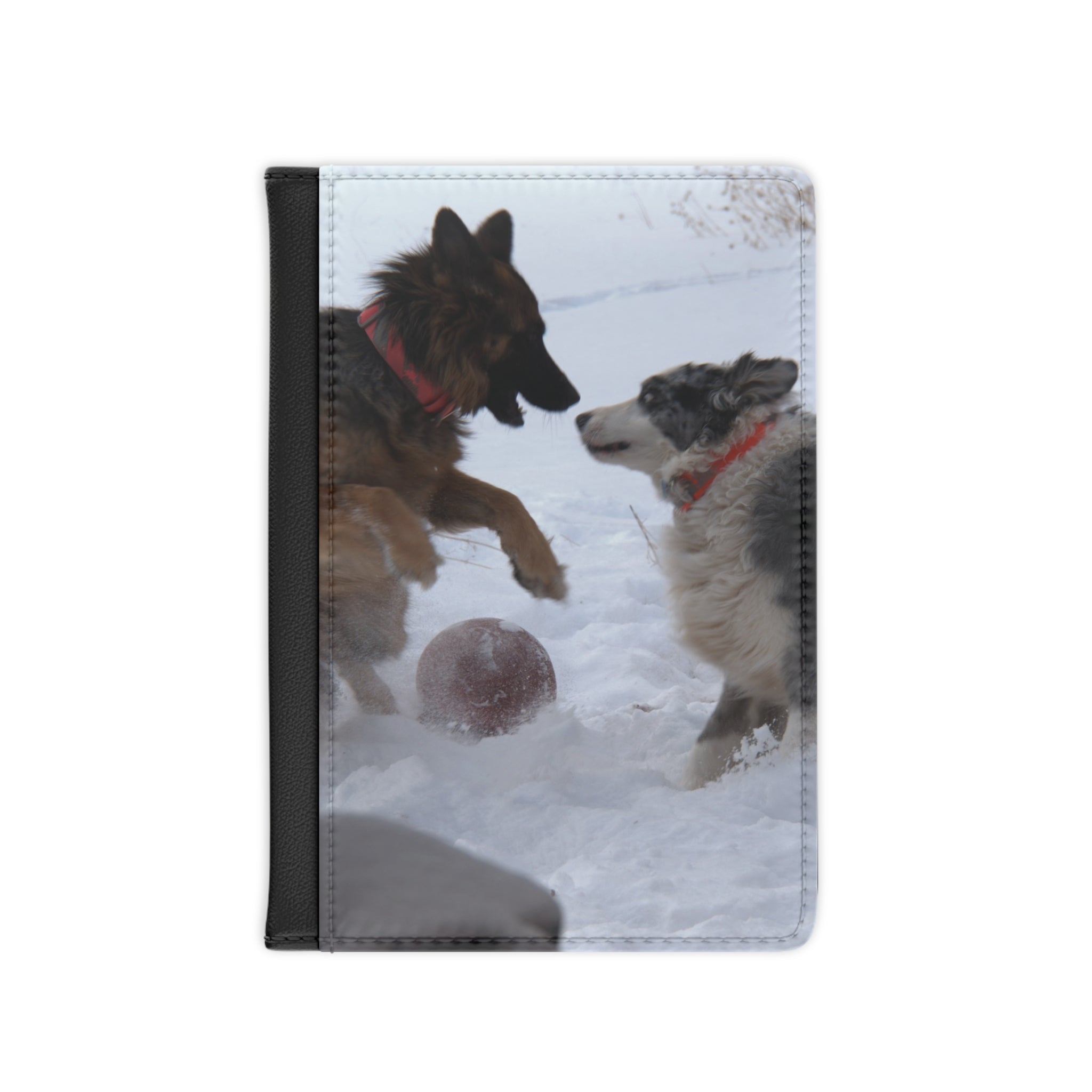 Dog Play Passport Cover – Snowy German Shepherd & Collie Travel Passport Holder