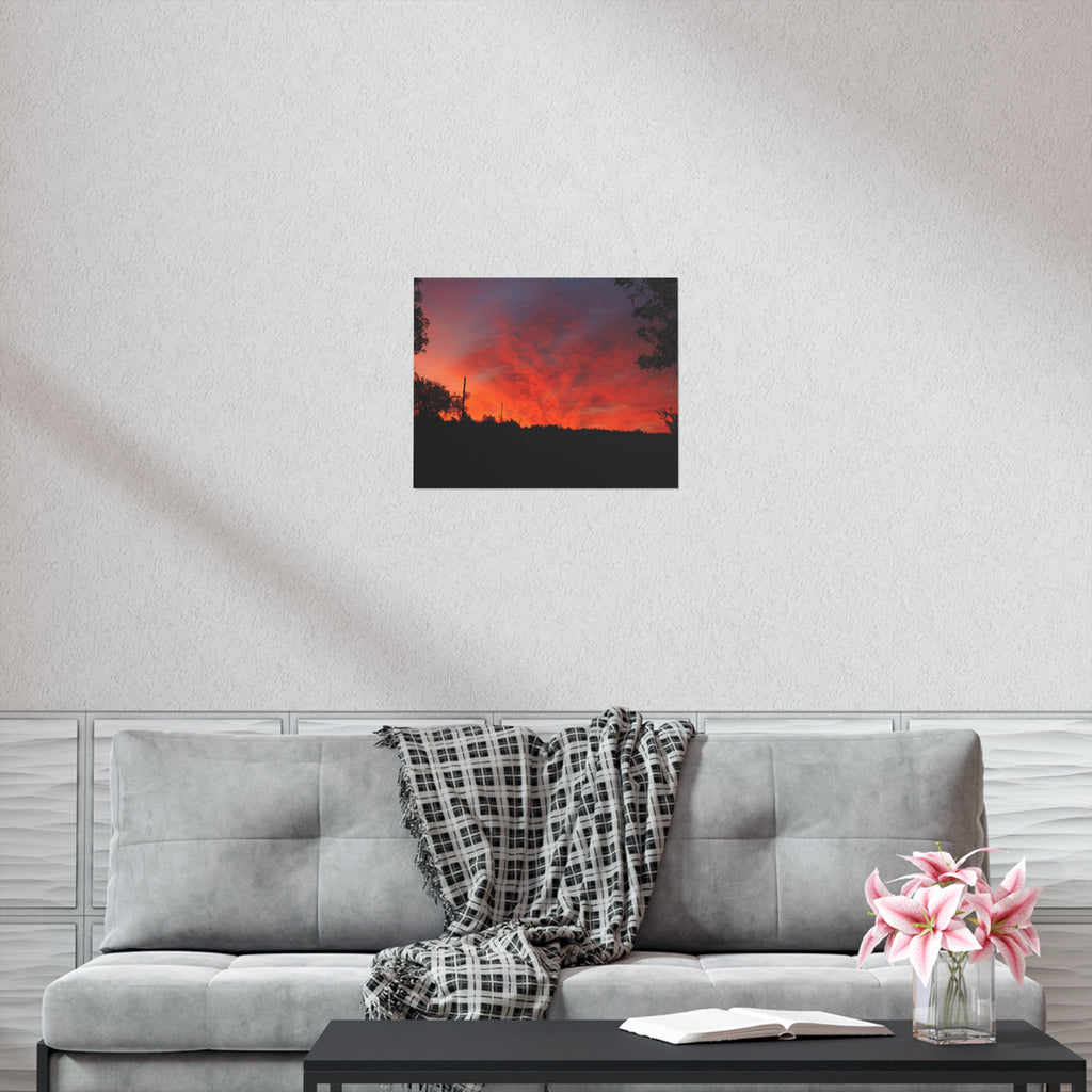 Sunset Landscape Poster — Vibrant Red Orange Sky Wall Art