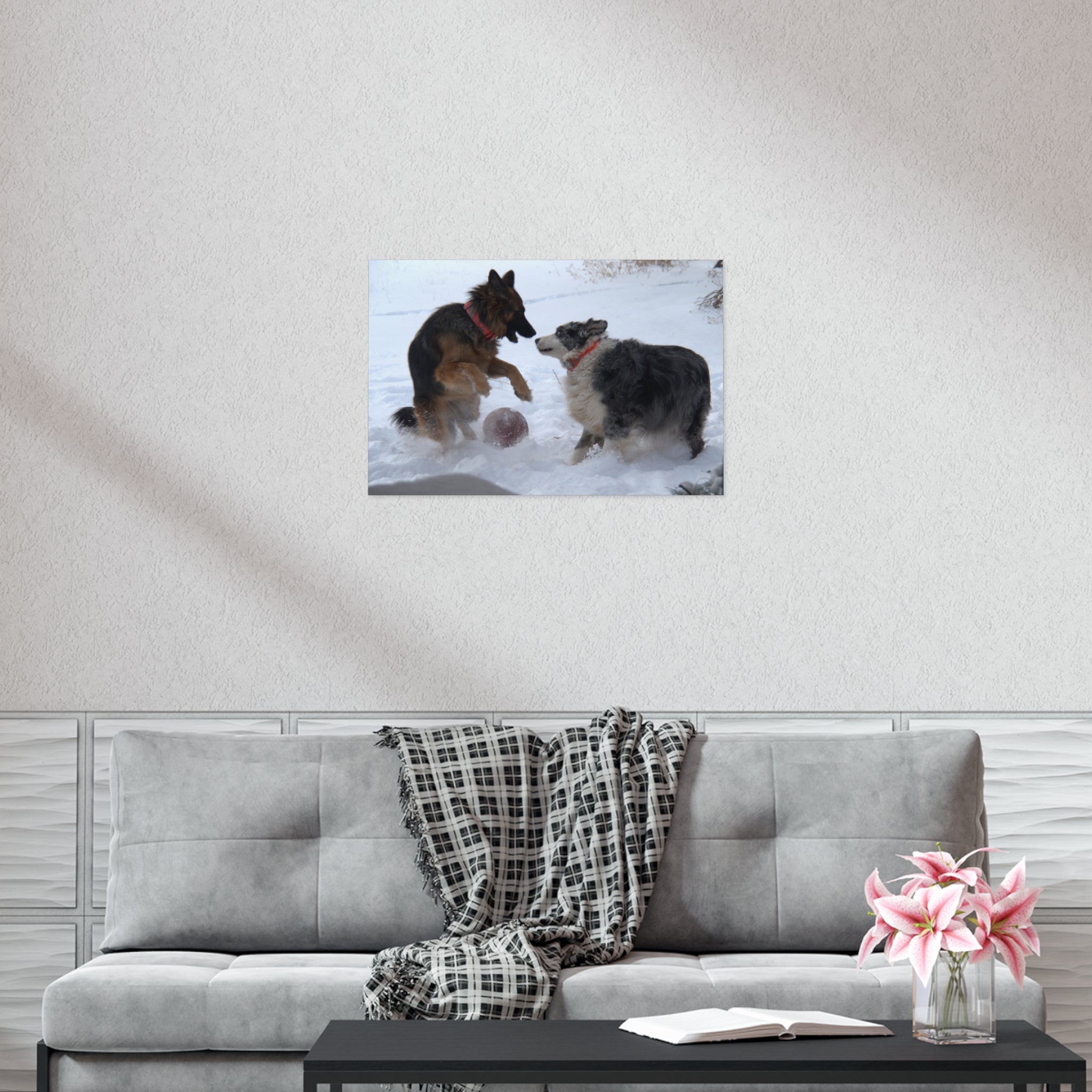Dog Playful Winter Photo Poster — Two Dogs Playing in Snow Wall Art