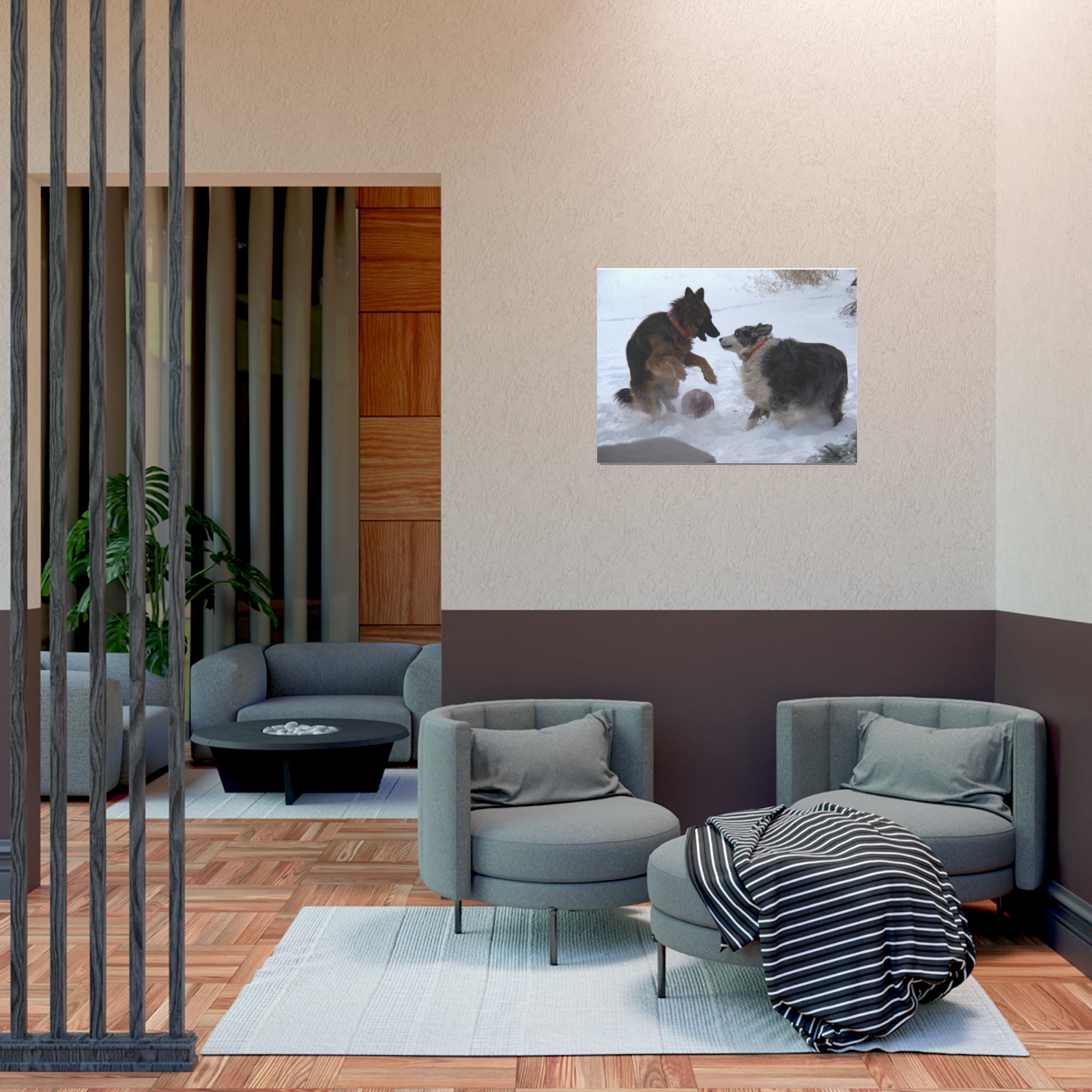 Dog Playful Winter Photo Poster — Two Dogs Playing in Snow Wall Art