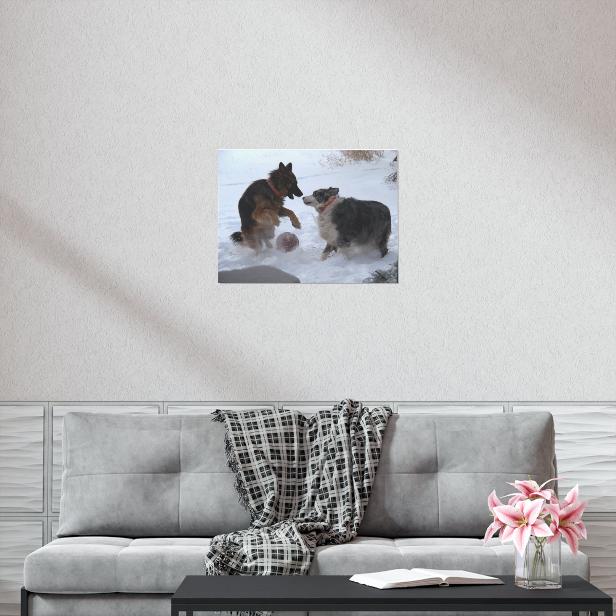 Dog Playful Winter Photo Poster — Two Dogs Playing in Snow Wall Art
