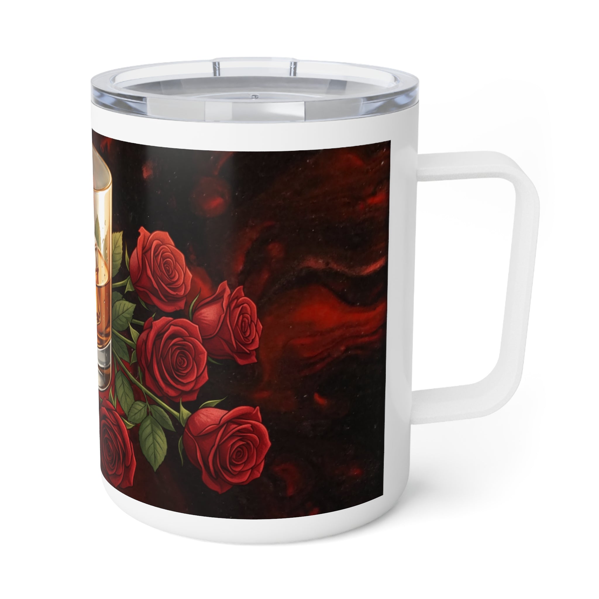 10oz Insulated Coffee Mug — Gothic Dark Romance Stalker Whiskey Glass & Skull Mask with Red Roses