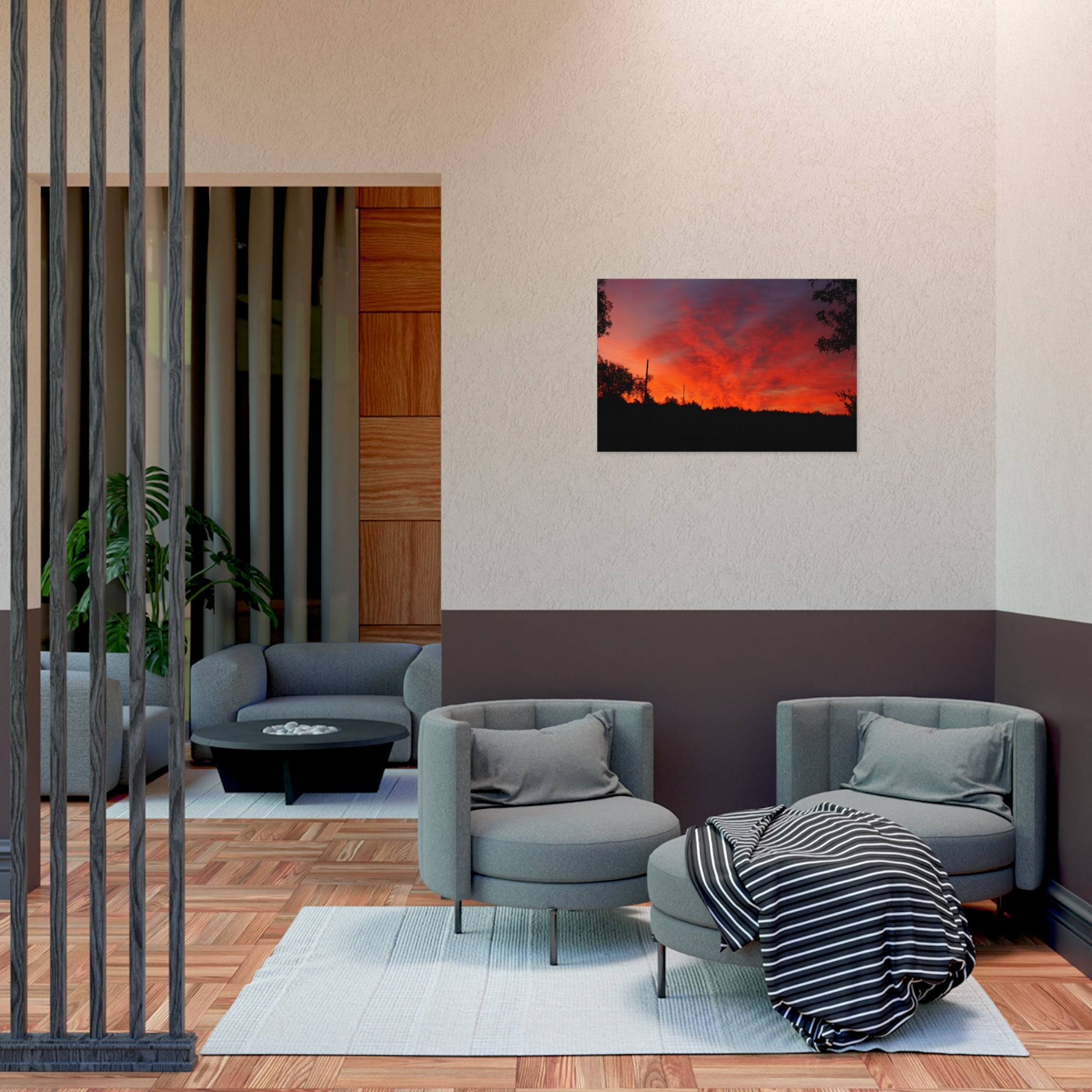 Sunset Landscape Poster — Vibrant Red Orange Sky Wall Art
