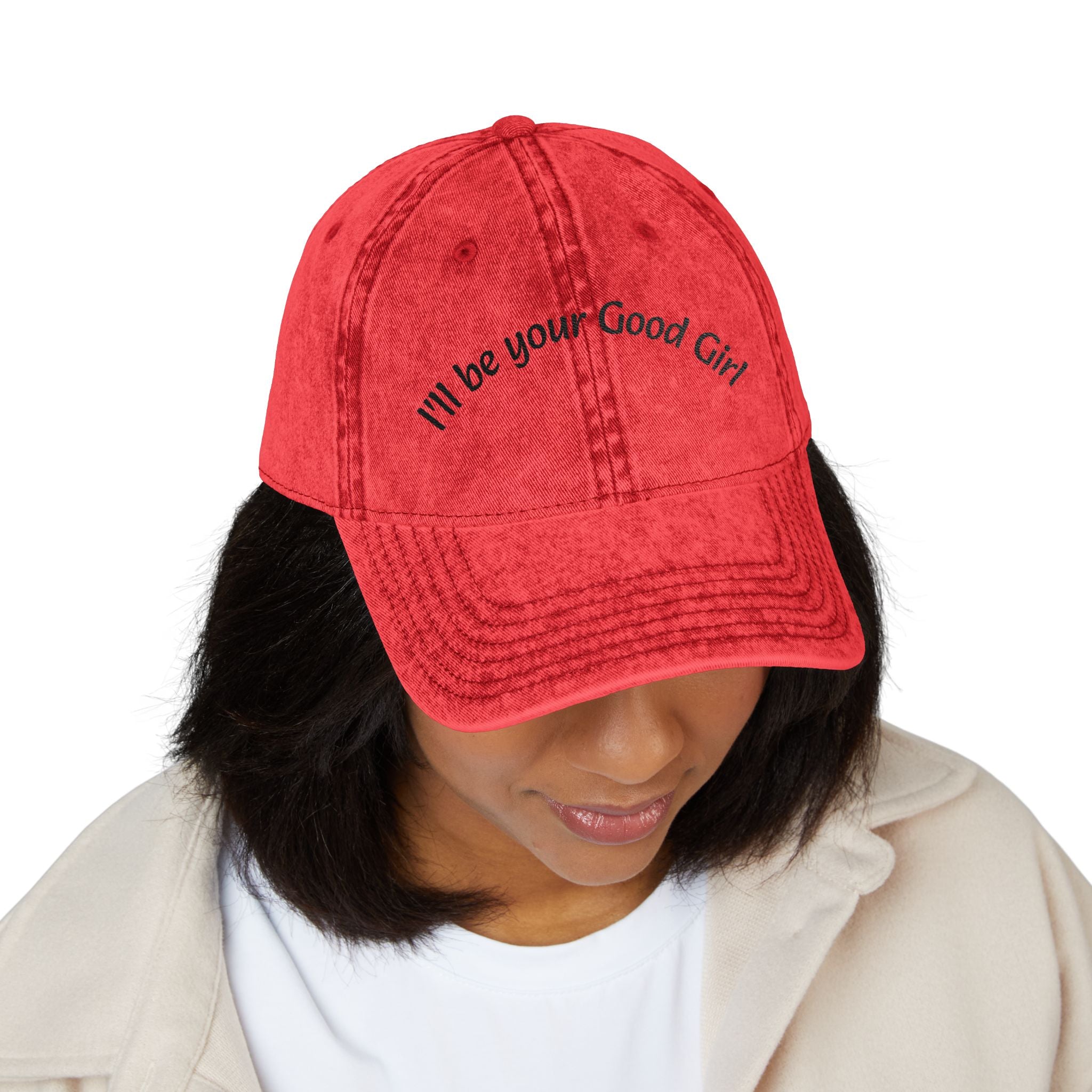 Embroidered Vintage Baseball Cap — "I'll Be Your Good Girl" Red Distressed Hat
