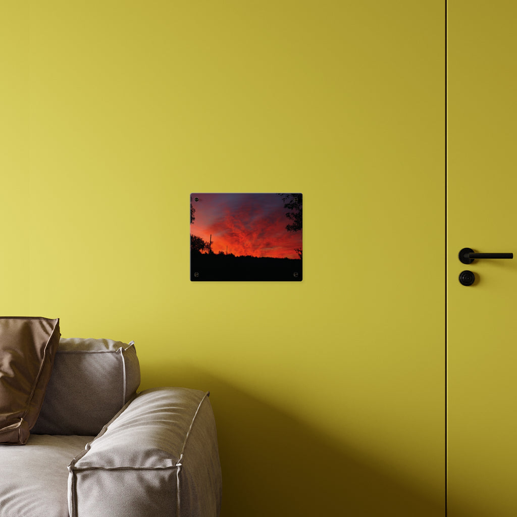 Sunset Silhouette Acrylic Wall Art Panel – Vibrant Red Orange Sky