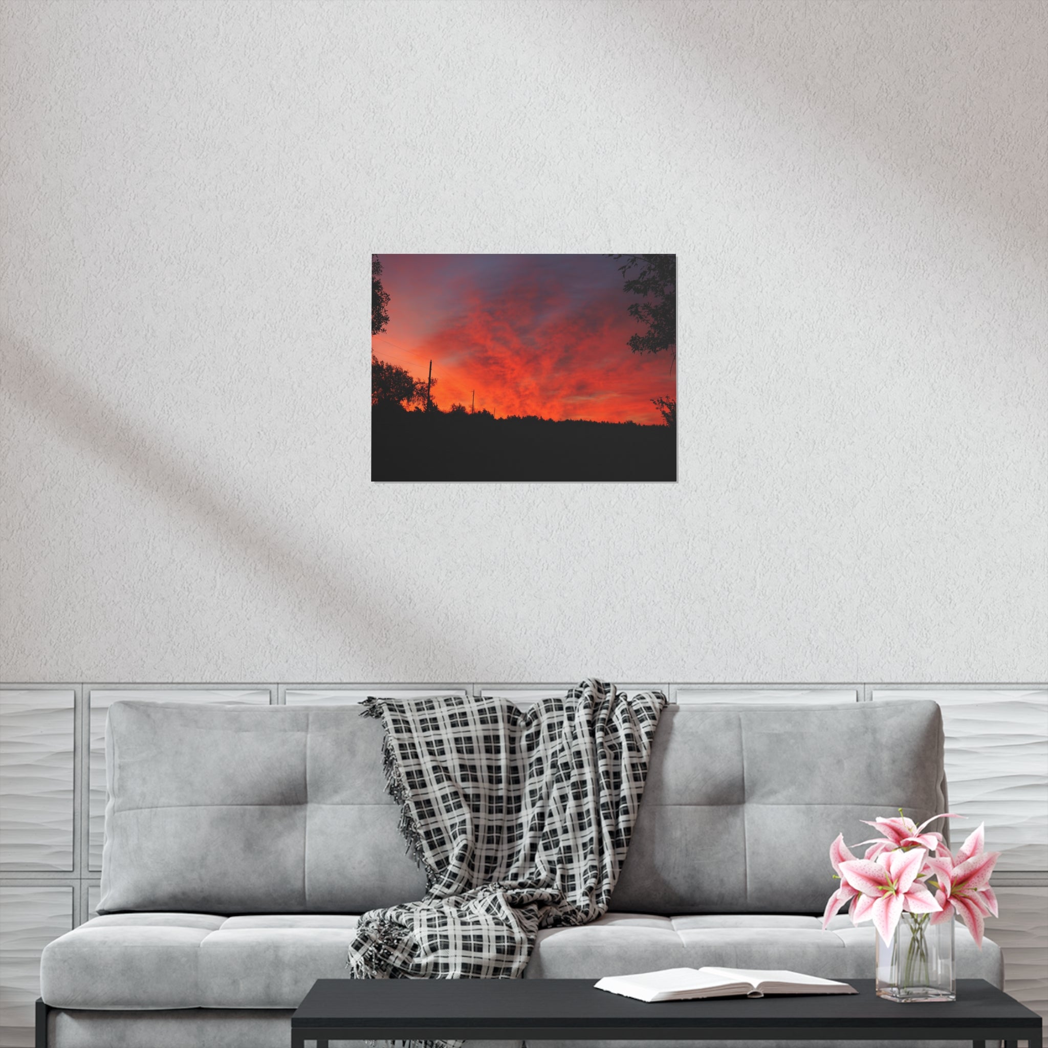Sunset Landscape Poster — Vibrant Red Orange Sky Wall Art