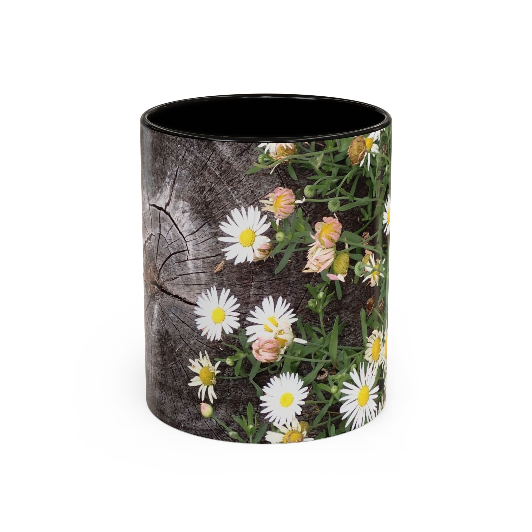 Daisy Floral Coffee Mug (11oz & 15oz) — White Daisies on Rustic Wood Background