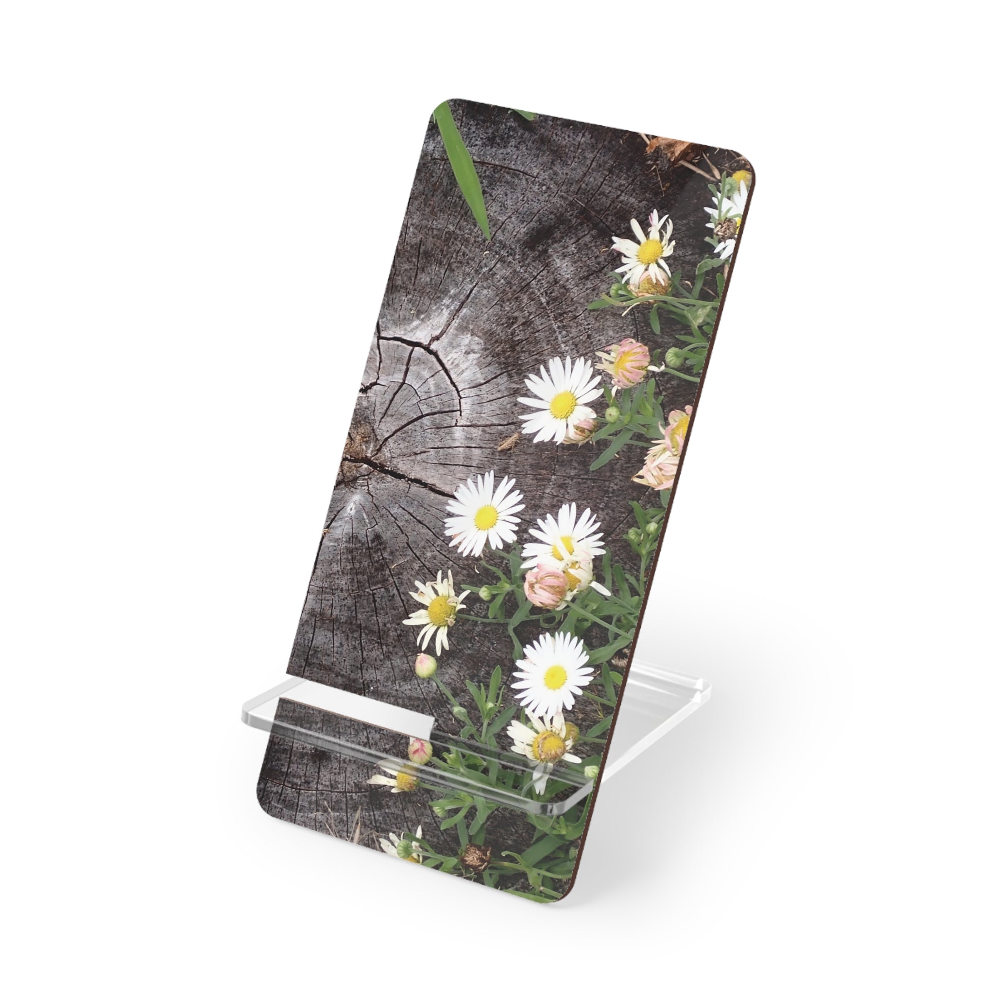 Floral Daisy Phone Stand — Rustic Wood Pattern Mobile Display