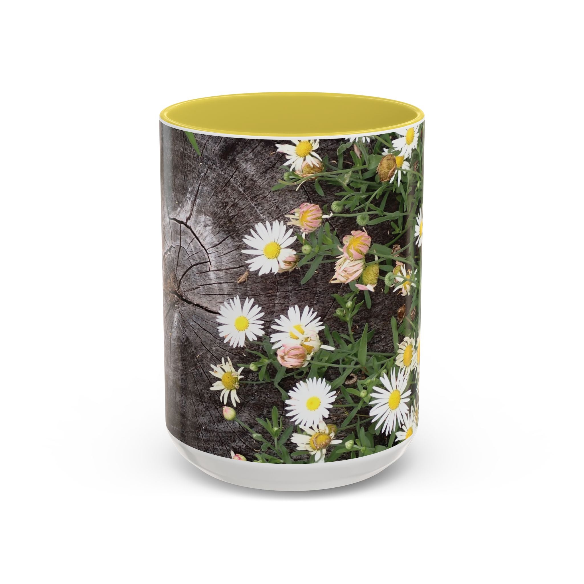 Daisy Floral Coffee Mug (11oz & 15oz) — White Daisies on Rustic Wood Background