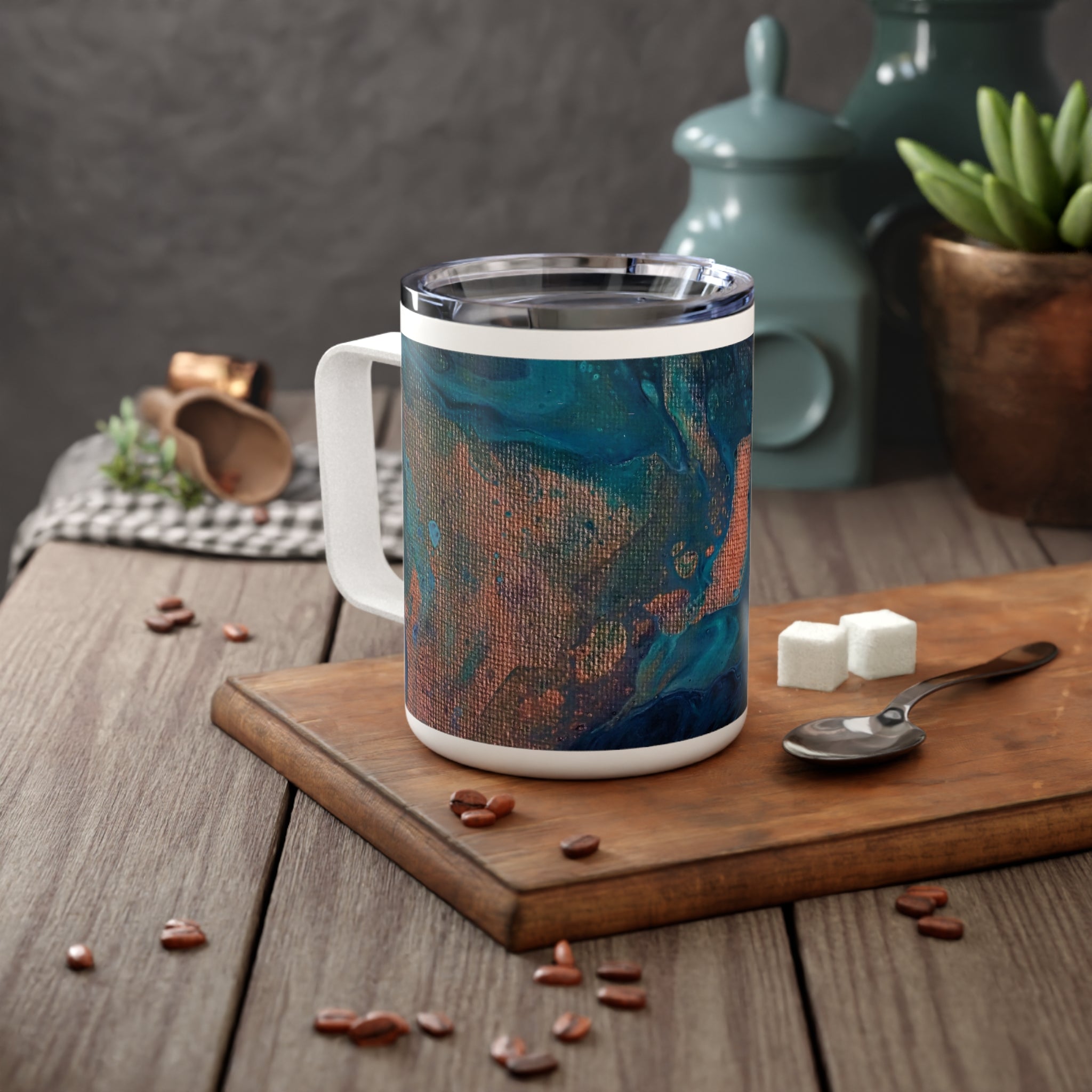10oz Insulated Coffee Mug — Ocean Teal & Copper Abstract Pour