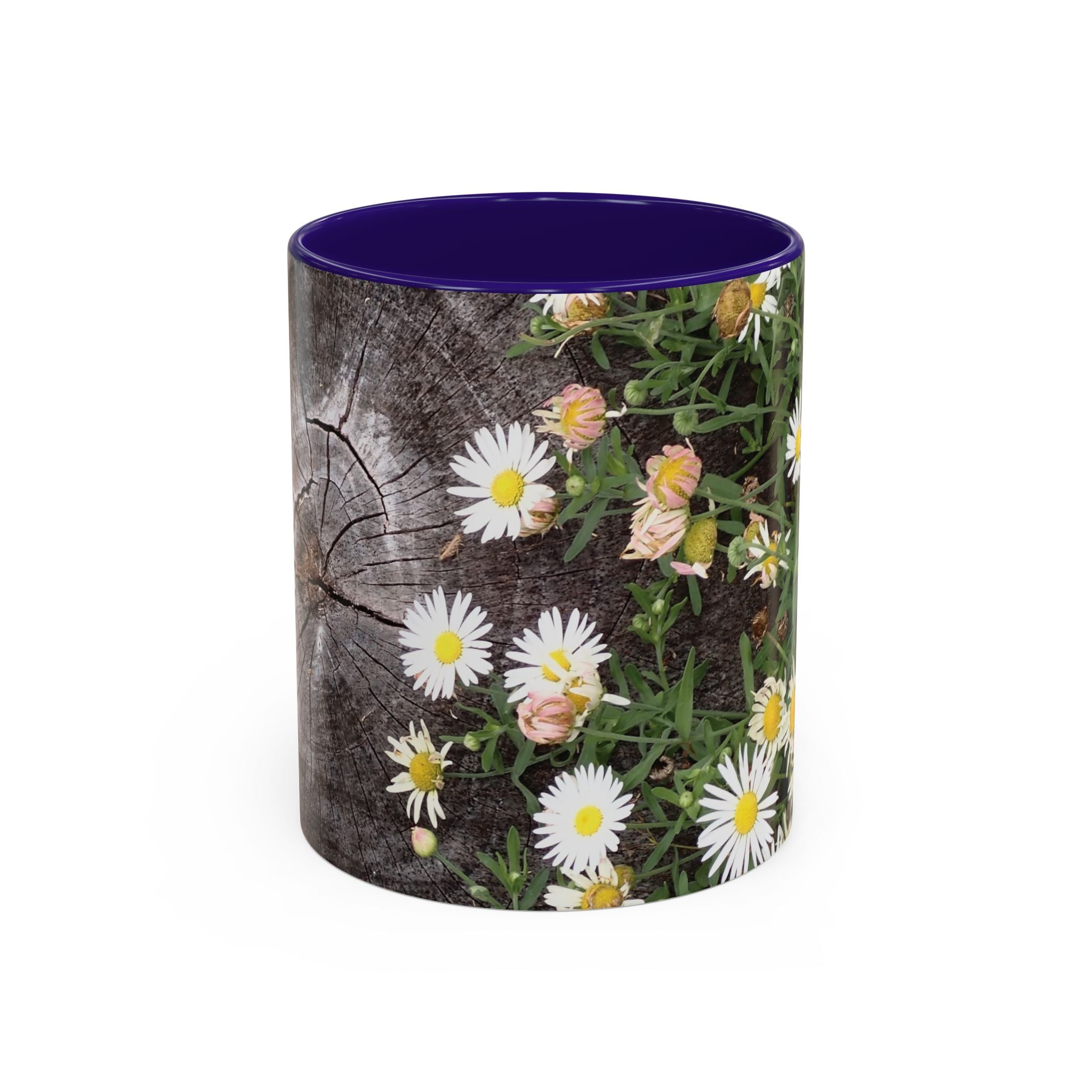 Daisy Floral Coffee Mug (11oz & 15oz) — White Daisies on Rustic Wood Background