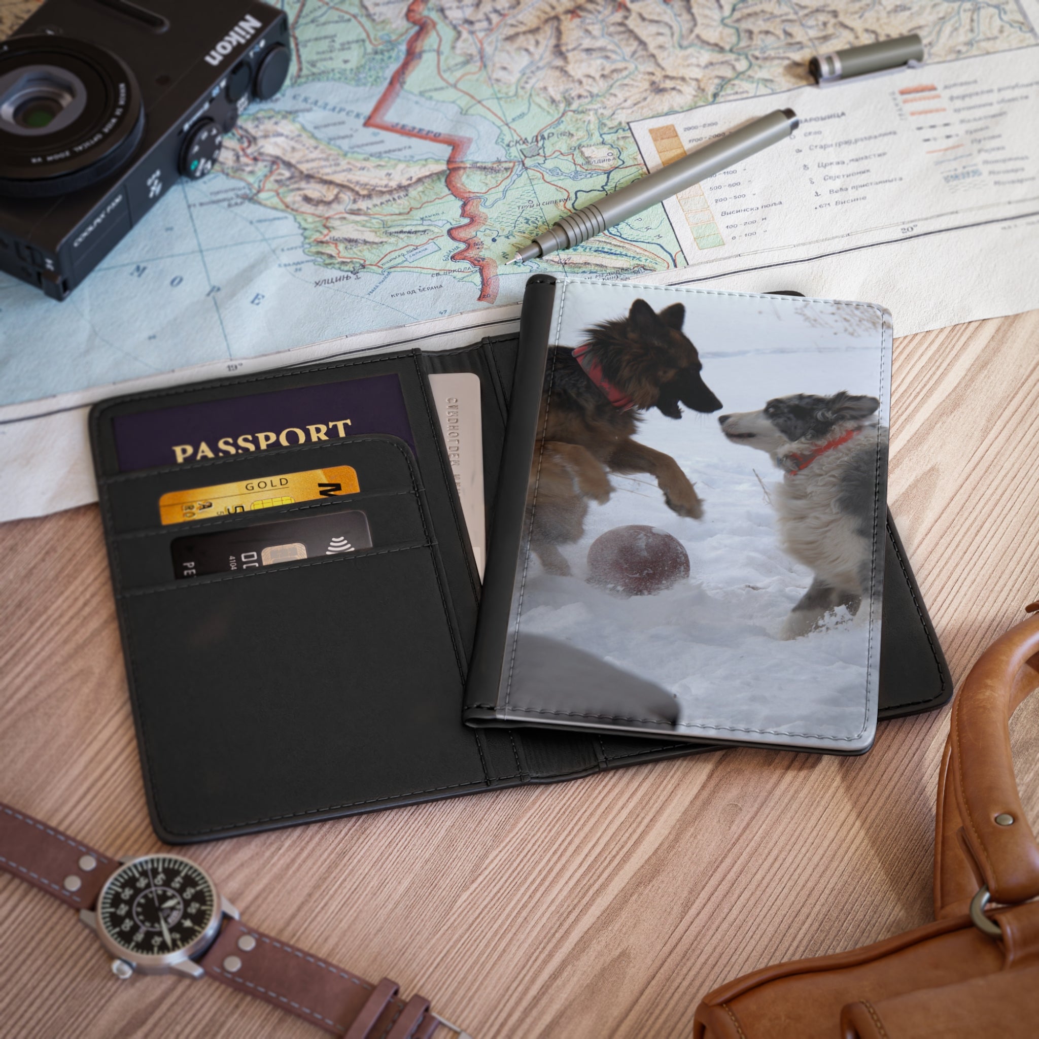 Dog Play Passport Cover – Snowy German Shepherd & Collie Travel Passport Holder