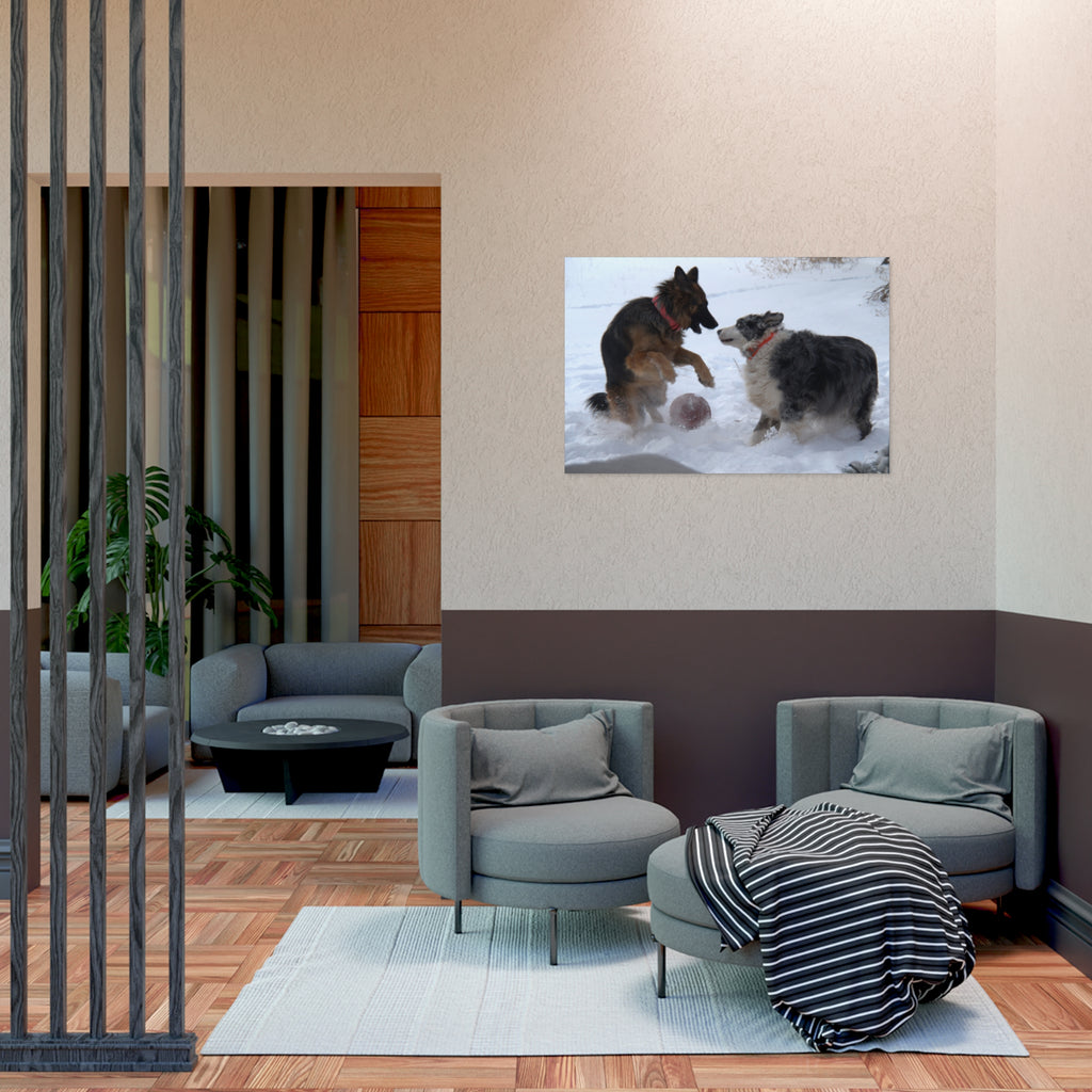 Dog Playful Winter Photo Poster — Two Dogs Playing in Snow Wall Art