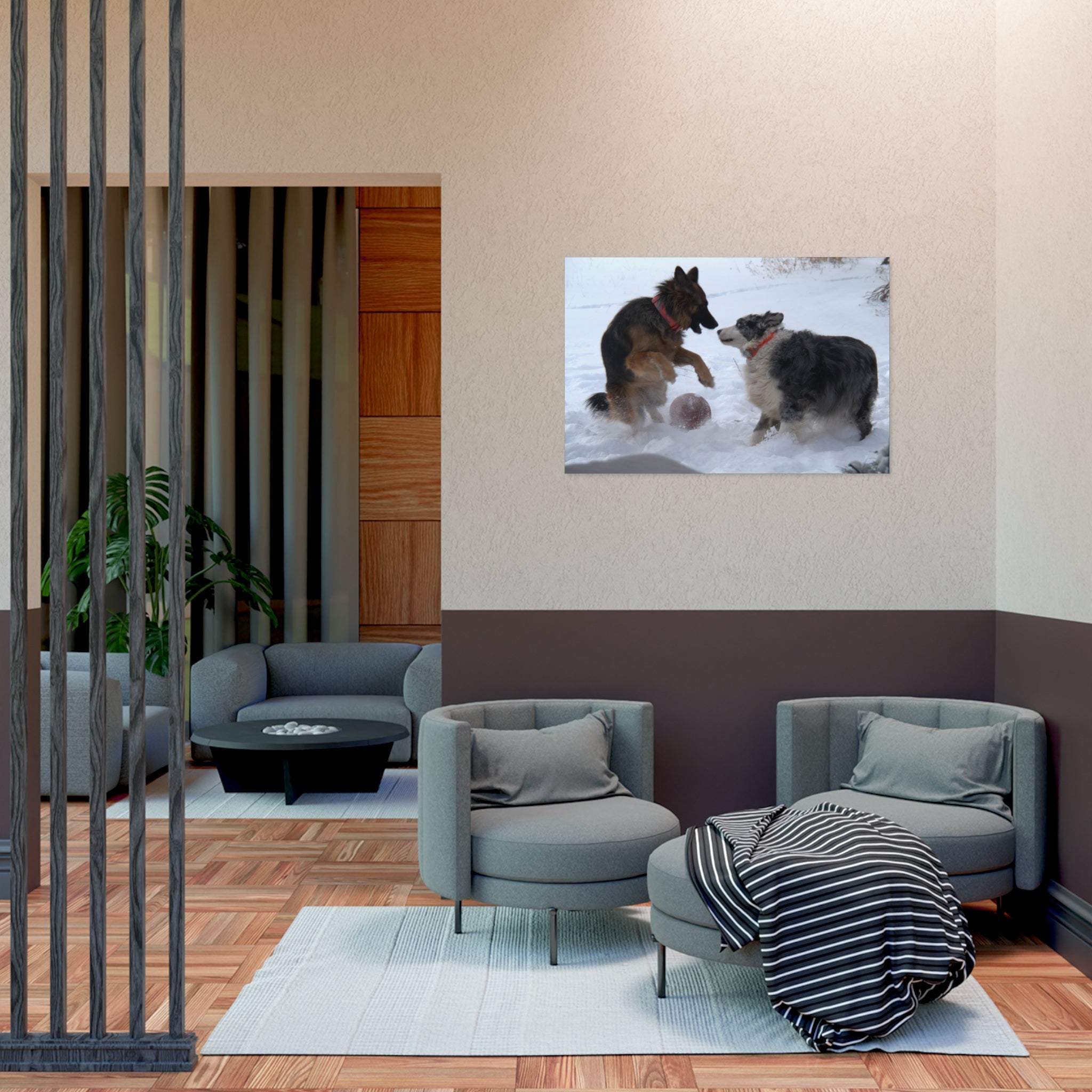 Dog Playful Winter Photo Poster — Two Dogs Playing in Snow Wall Art