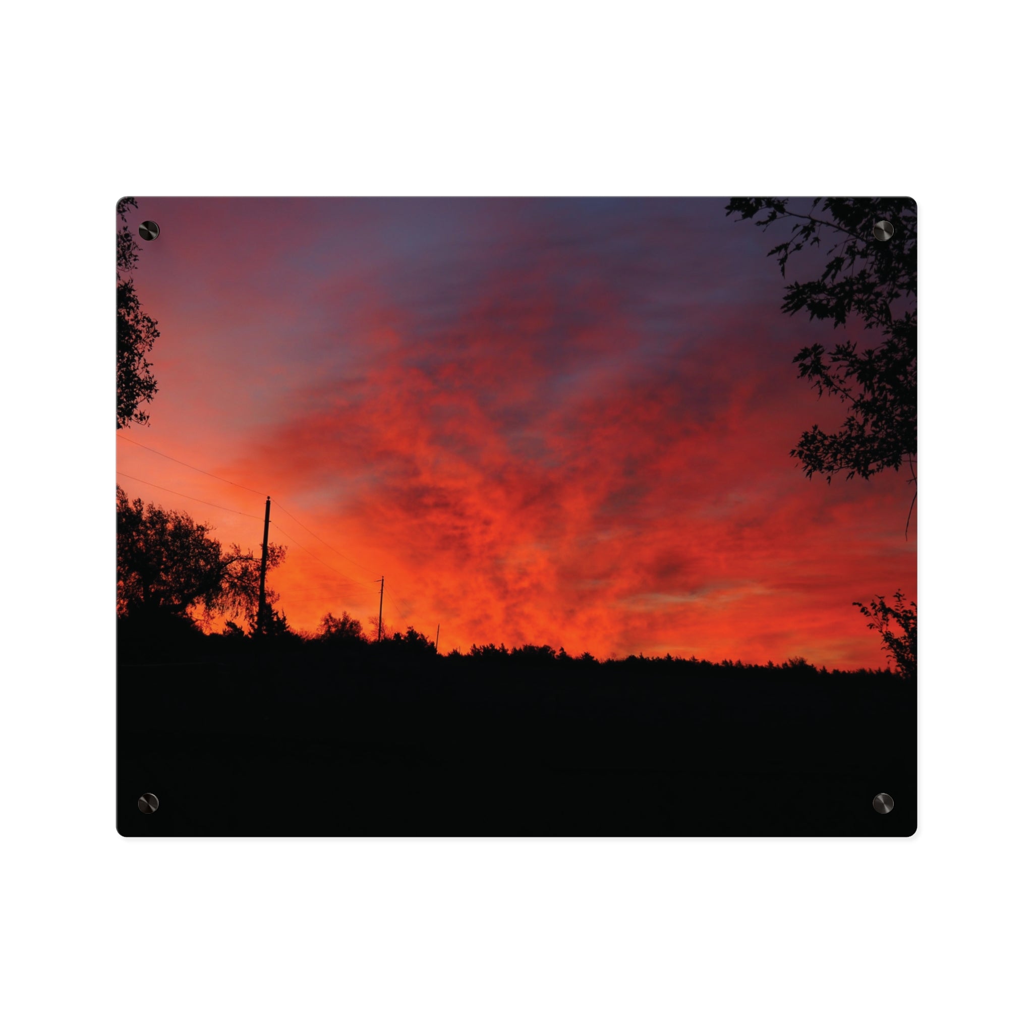 Sunset Silhouette Acrylic Wall Art Panel – Vibrant Red Orange Sky