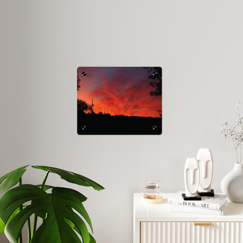 Sunset Silhouette Acrylic Wall Art Panel – Vibrant Red Orange Sky