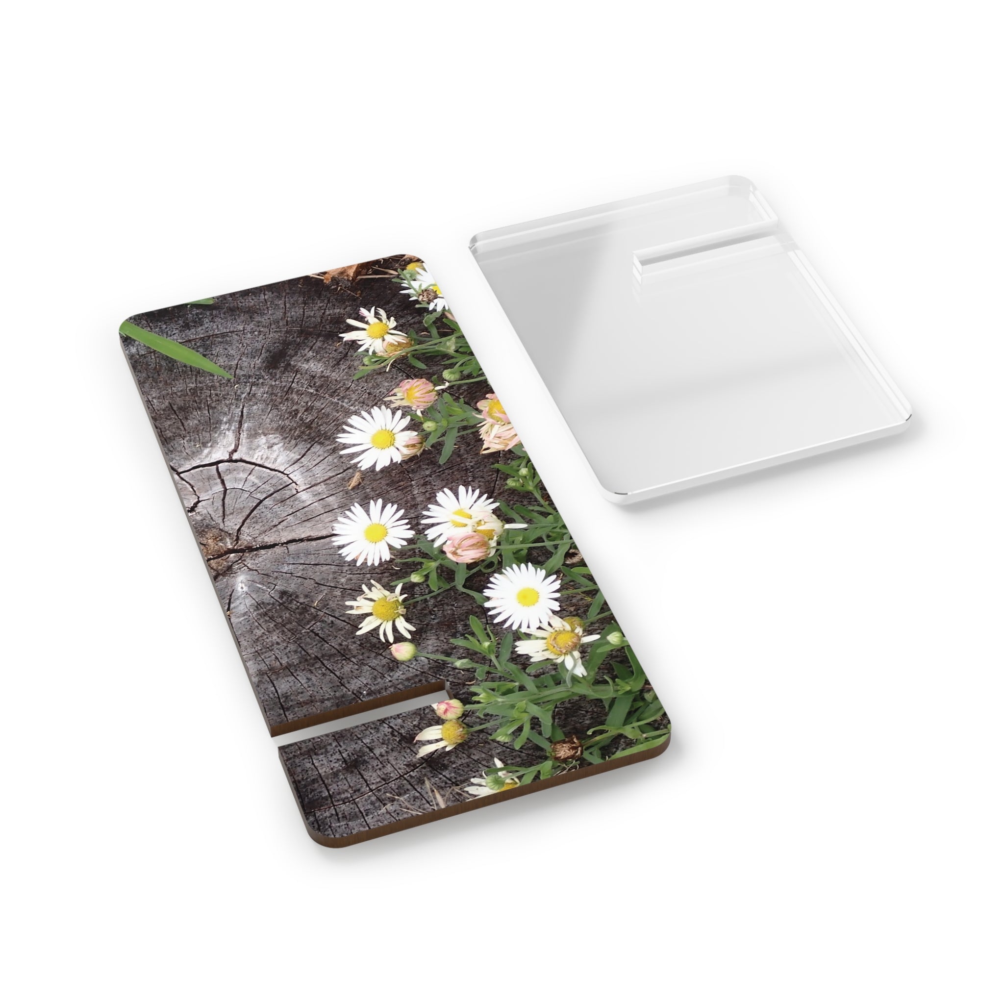 Floral Daisy Phone Stand — Rustic Wood Pattern Mobile Display