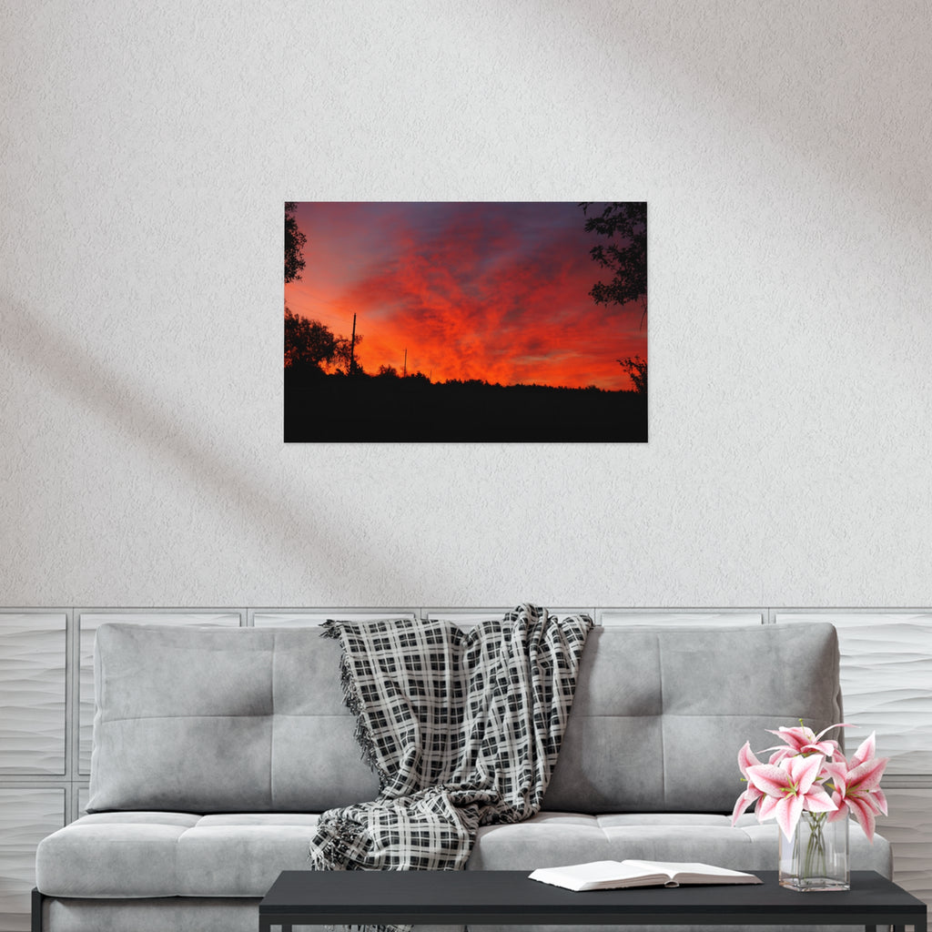 Sunset Landscape Poster — Vibrant Red Orange Sky Wall Art