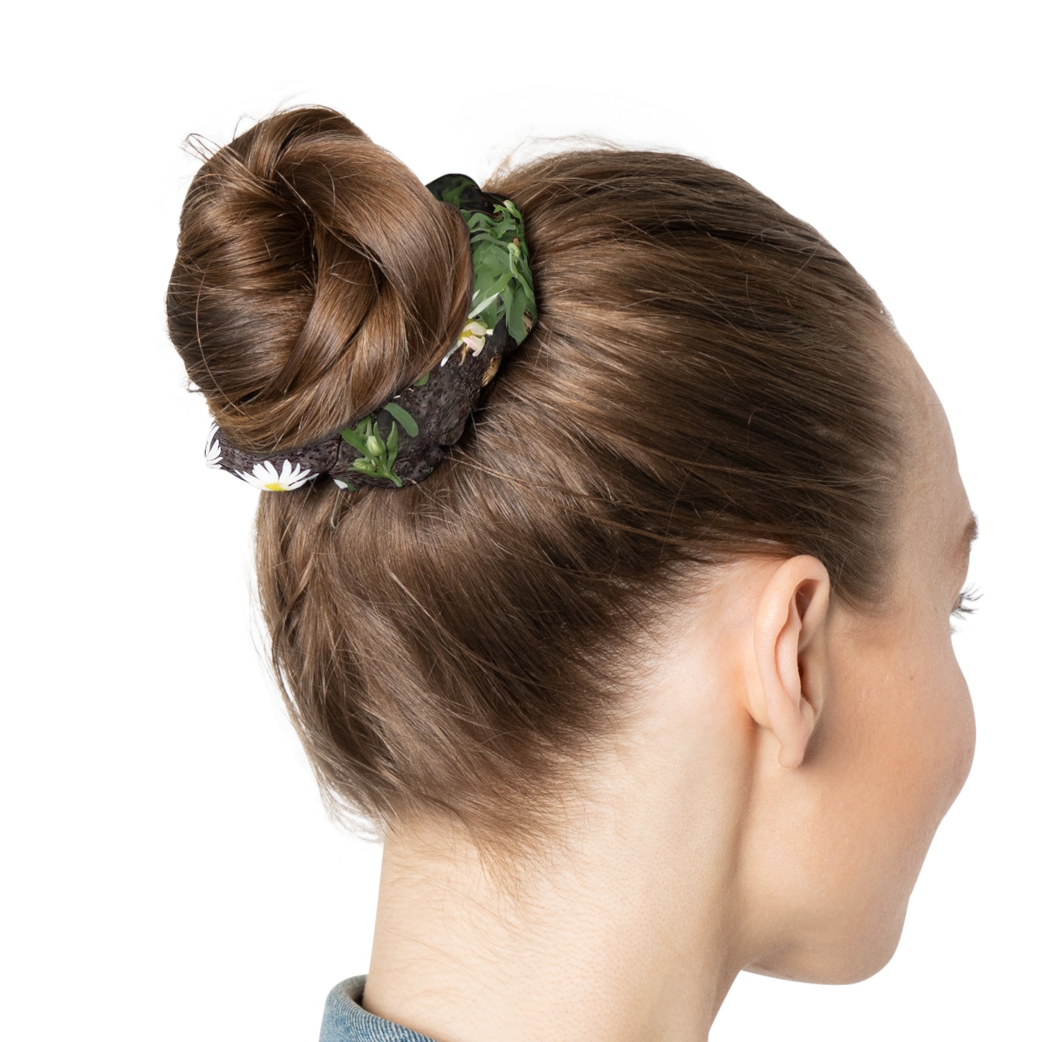 Daisy Garden Scrunchie — Floral Hair Accessory with Green & White Petal Print