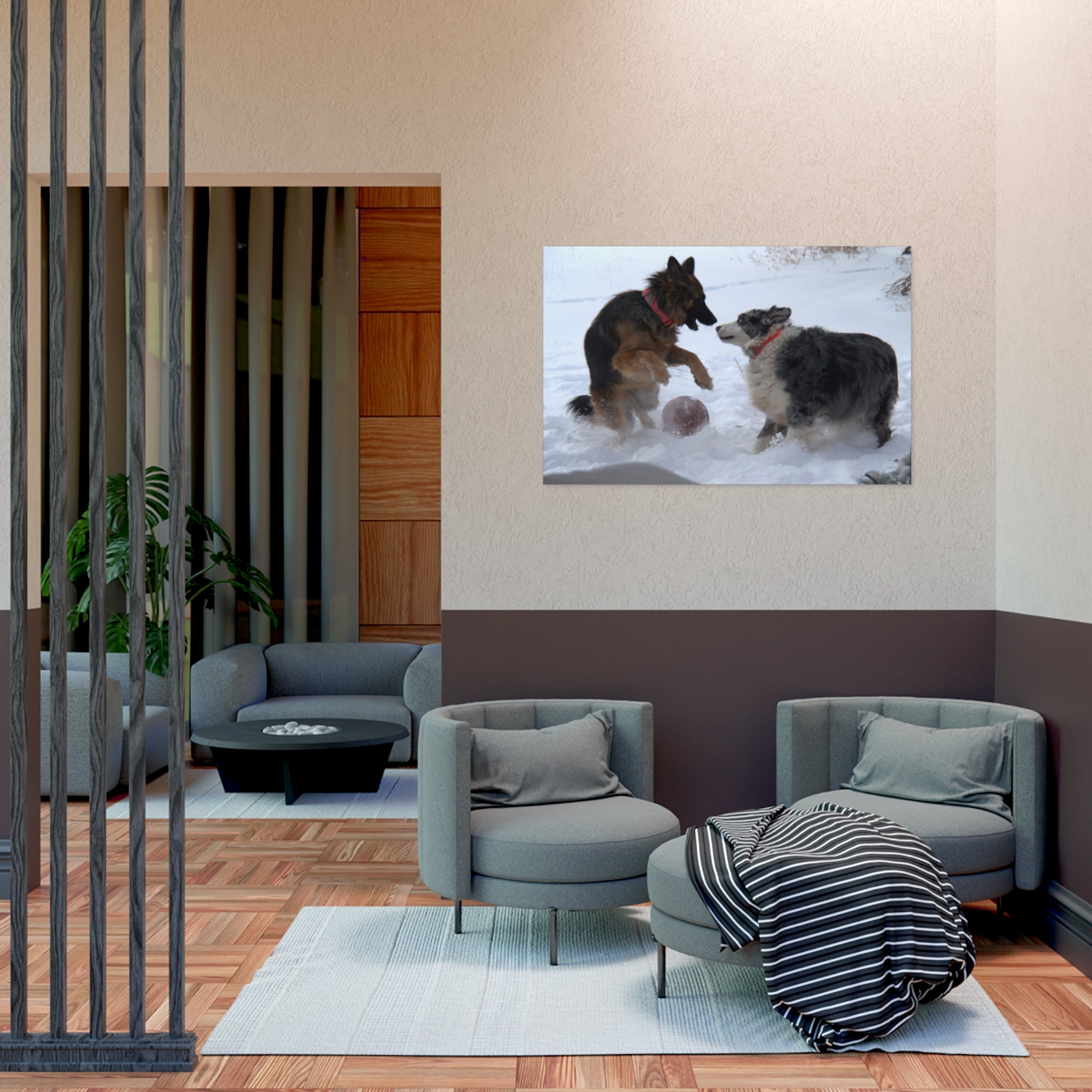 Dog Playful Winter Photo Poster — Two Dogs Playing in Snow Wall Art