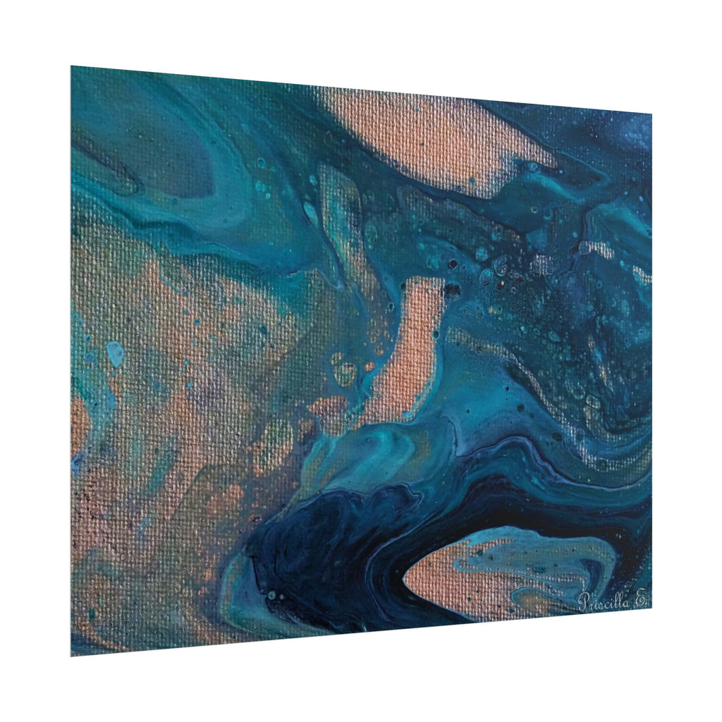 Ocean Abstract Rolled Poster — Blue Teal Gold Fluid Art Print
