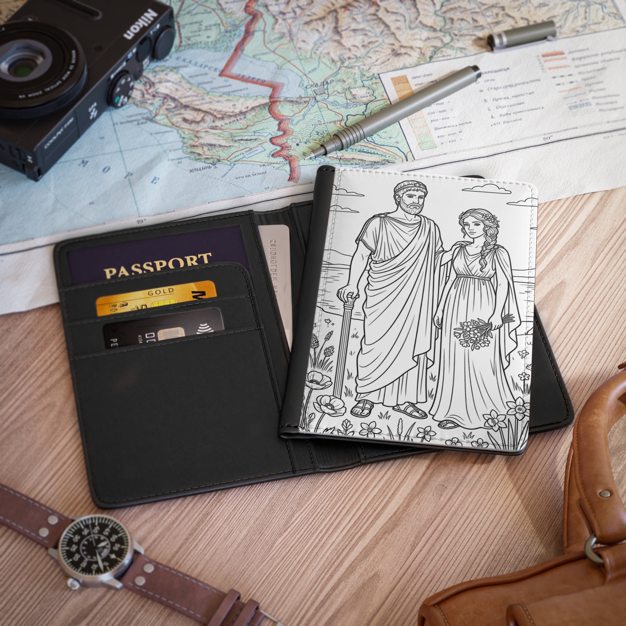 Hades and Persephone AI Illustration Passport Cover — Grecian Vintage Travel Wallet