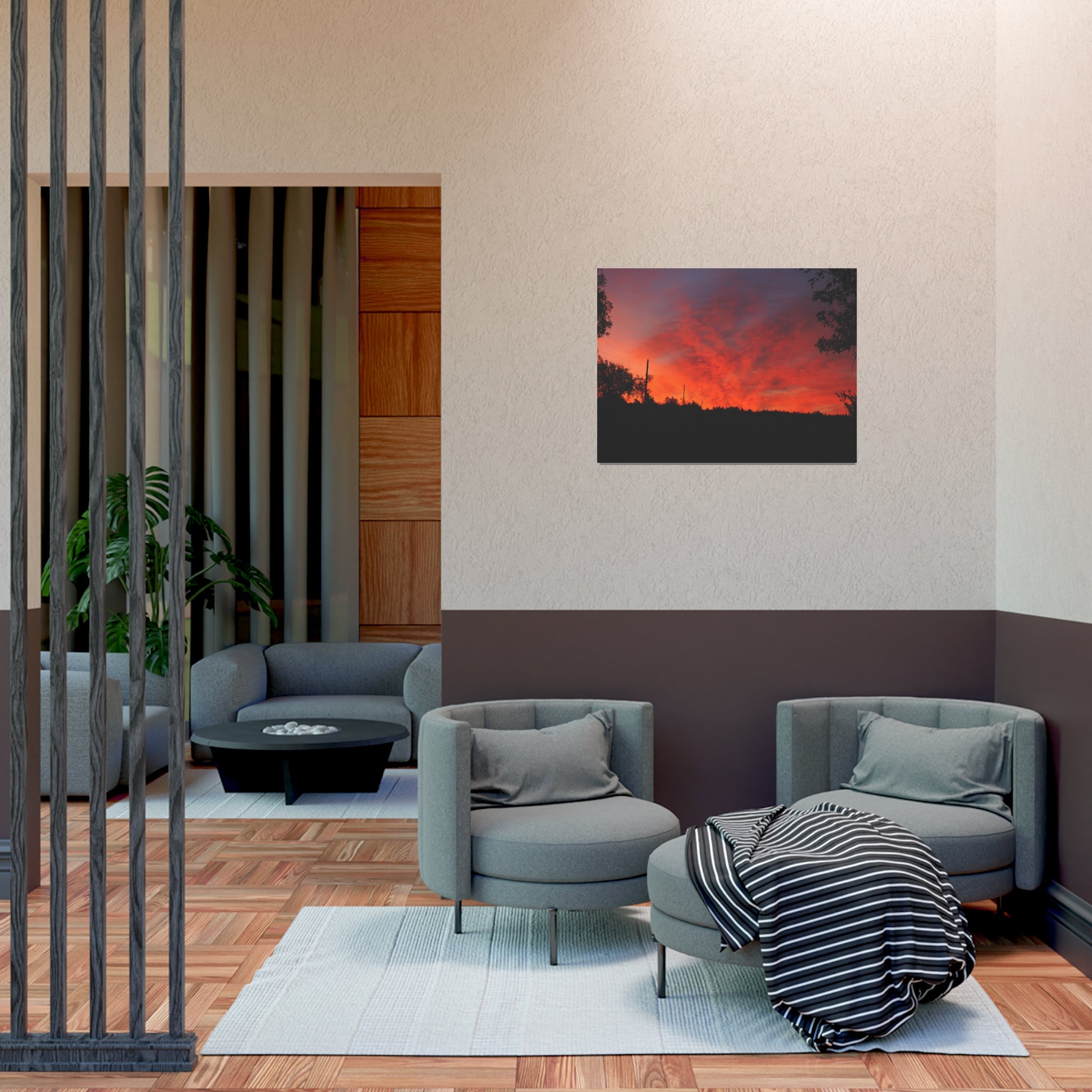 Sunset Landscape Poster — Vibrant Red Orange Sky Wall Art