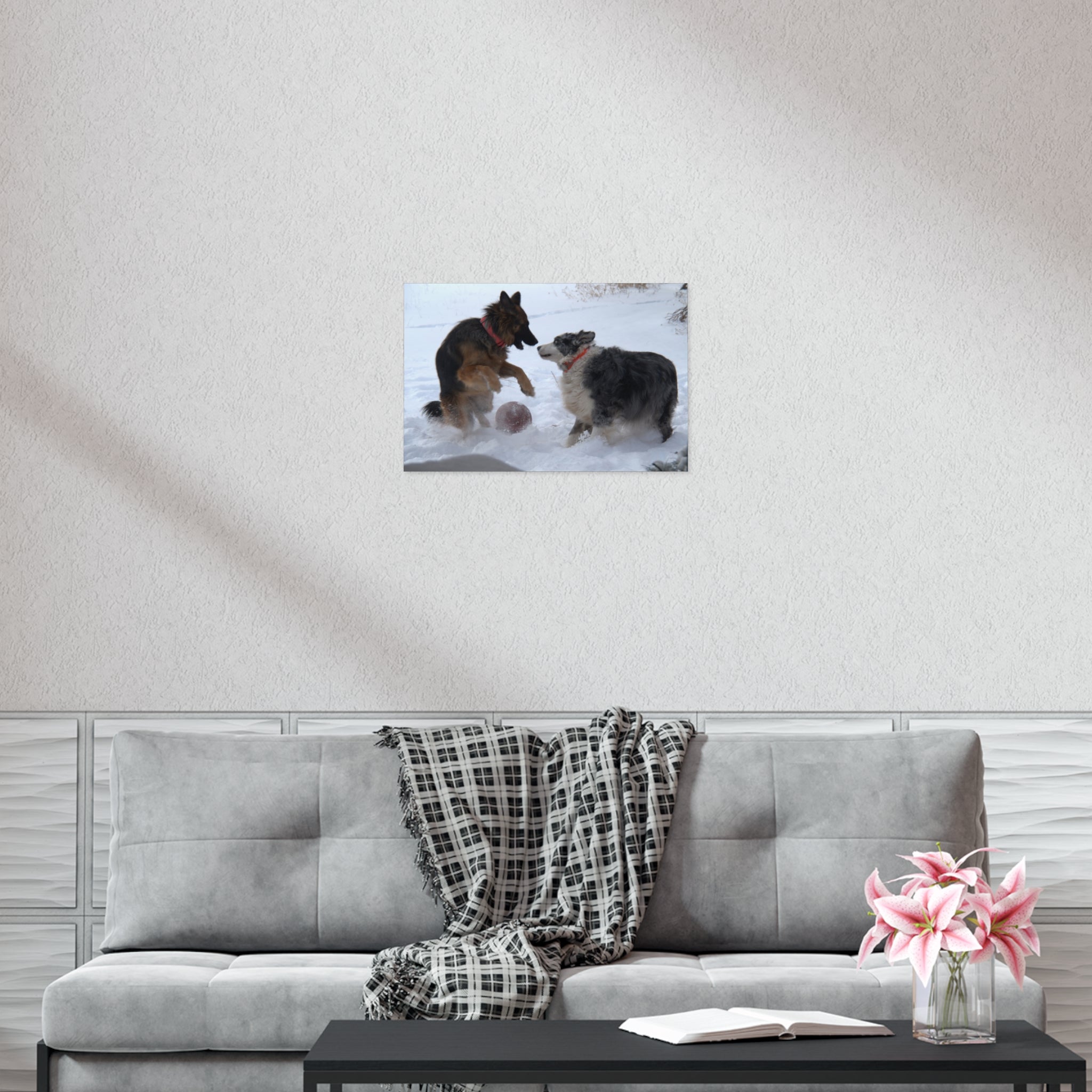 Dog Playful Winter Photo Poster — Two Dogs Playing in Snow Wall Art