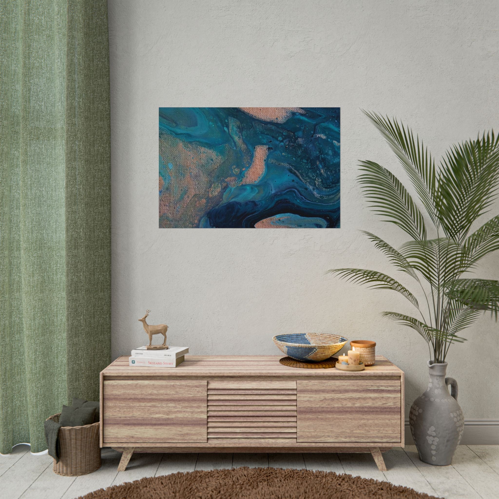 Ocean Abstract Rolled Poster — Blue Teal Gold Fluid Art Print